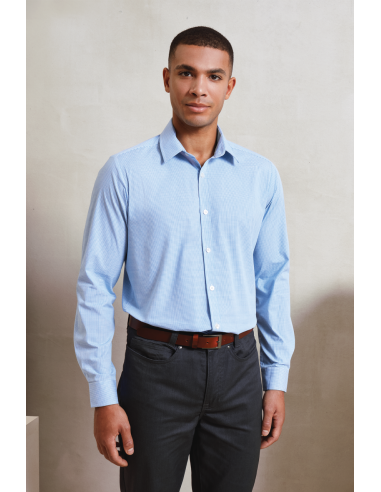 P-PR220-Mens Microcheck (Gingham) Long Sleeve Cotton Shirt